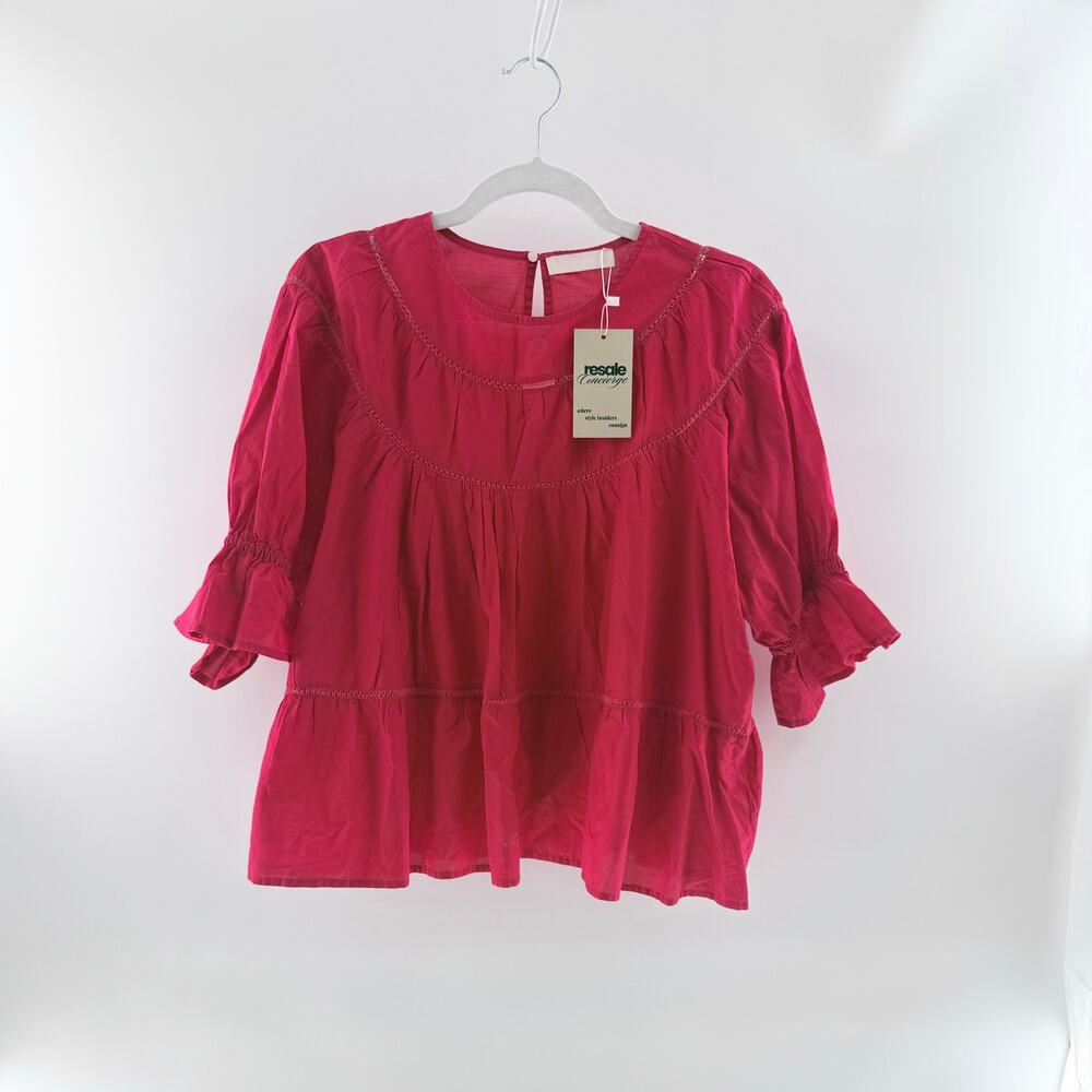 Merlette 100% Cotton Puff Sleeve Round Neck Ruffle Trim Blouse Top Pink Womens S